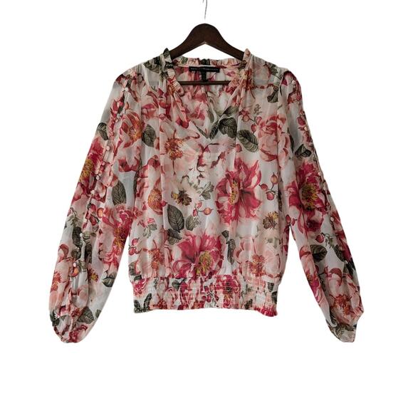 WHBM Womens Pink Garden Floral Sheer Long Balloon Sleeves Top XS Attached Cami - Picture 1 of 9